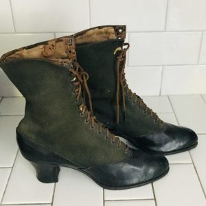 Antique women's boots shoes leather with fabric lace up Museum Movie Theater prop collectible Victorian era display