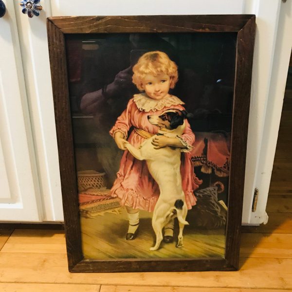 Beautiful Antique Picture Girl with Dog Victorian collectible Wall decor farmhouse guest room bedroom framed under glass