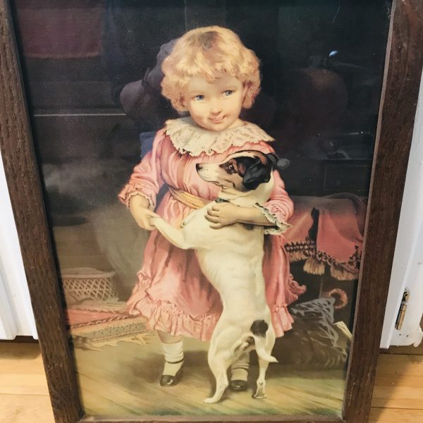 Beautiful Antique Picture Girl with Dog Victorian collectible Wall decor farmhouse guest room bedroom framed under glass