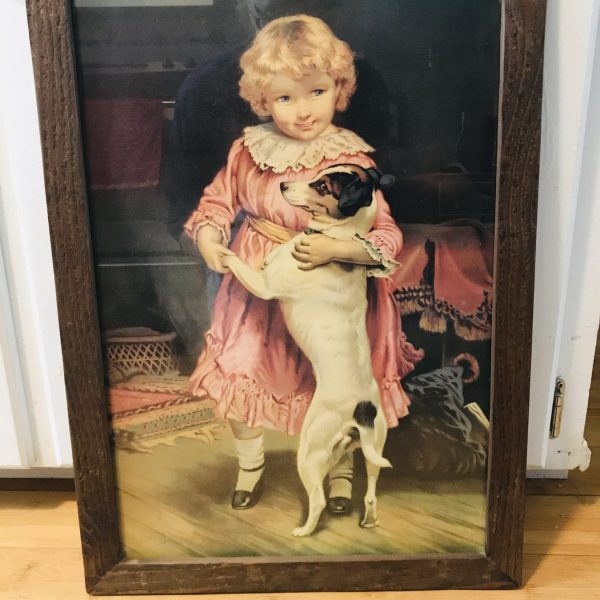 Beautiful Antique Picture Girl with Dog Victorian collectible Wall decor farmhouse guest room bedroom framed under glass