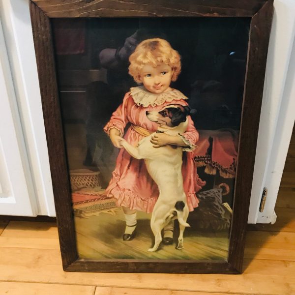 Beautiful Antique Picture Girl with Dog Victorian collectible Wall decor farmhouse guest room bedroom framed under glass