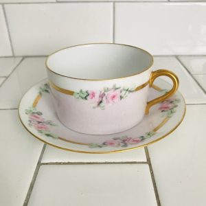 Beautiful Antique tea cup and saucer D & Co. France Hand painted pink with roses and heavy gold trim flat bottom coffee collectible display