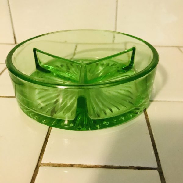 Depression Glass Green Divided Serving bowl pickles olives collectible glass display farmhouse cottage shabby chic bowl dish relish tray