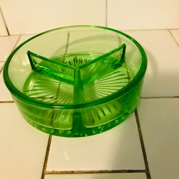 Depression Glass Green Divided Serving bowl pickles olives collectible glass display farmhouse cottage shabby chic bowl dish relish tray