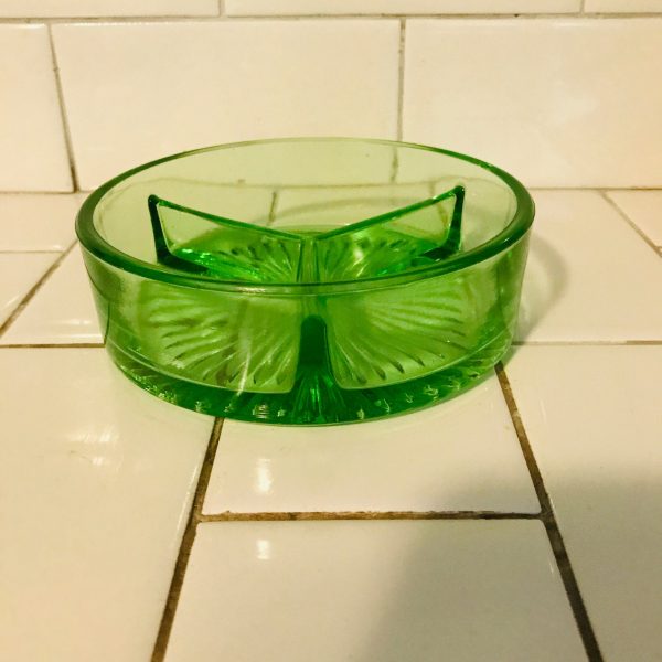 Depression Glass Green Divided Serving bowl pickles olives collectible glass display farmhouse cottage shabby chic bowl dish relish tray