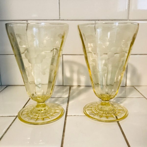 Depression glass pedestal tumblers water glasses beautiful etched pattern farmhouse collectible display cottage shabby chic