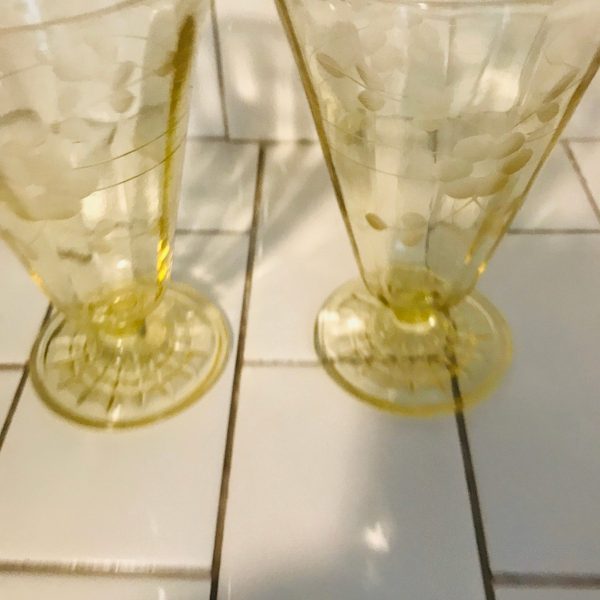 Depression glass pedestal tumblers water glasses beautiful etched pattern farmhouse collectible display cottage shabby chic