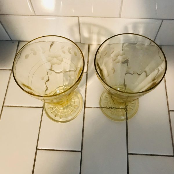 Depression glass pedestal tumblers water glasses beautiful etched pattern farmhouse collectible display cottage shabby chic