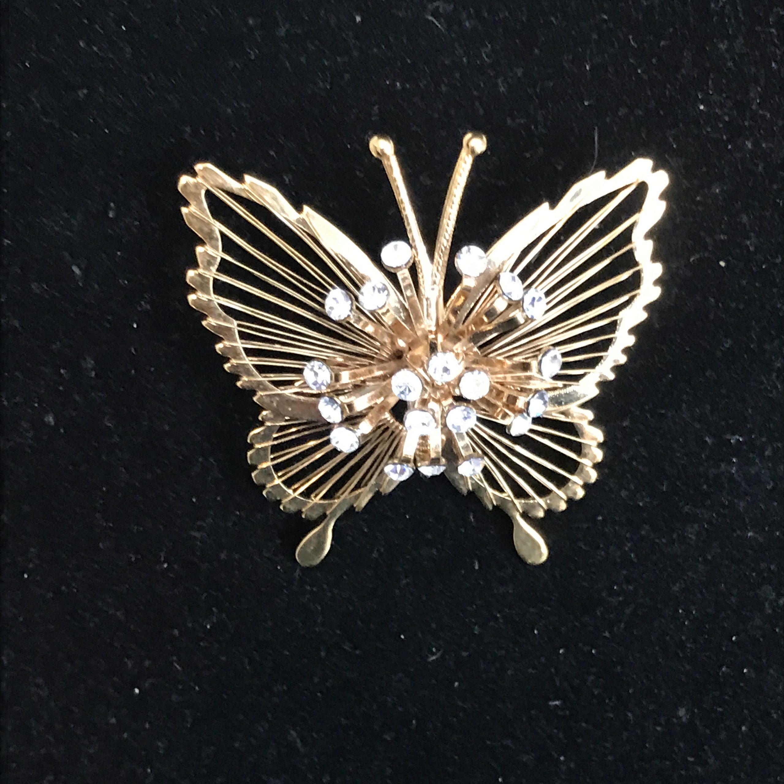 Butterfly Colored Navette Rhinestones Vintage Gold Brooch Pin M-4592
