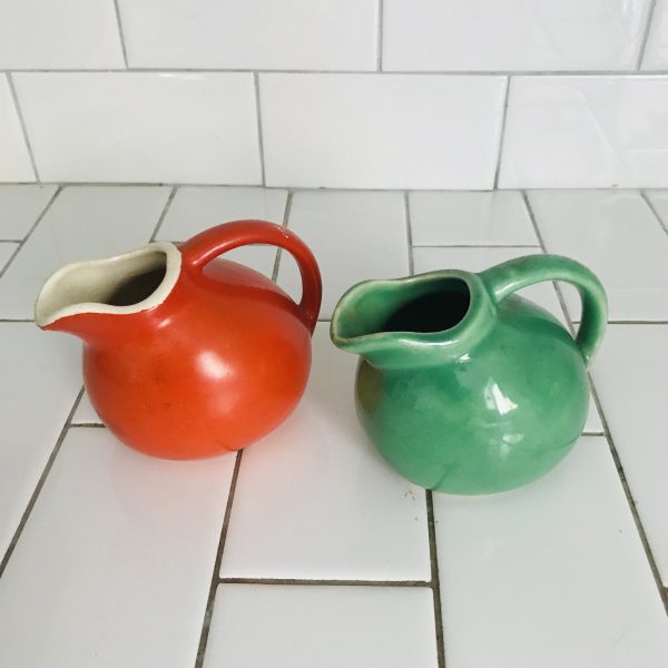 Green & Orange Pitchers Pottery Creamers great Style and Shape farmhouse collectible retro kitchen tilt ball pitcher water iced tea display