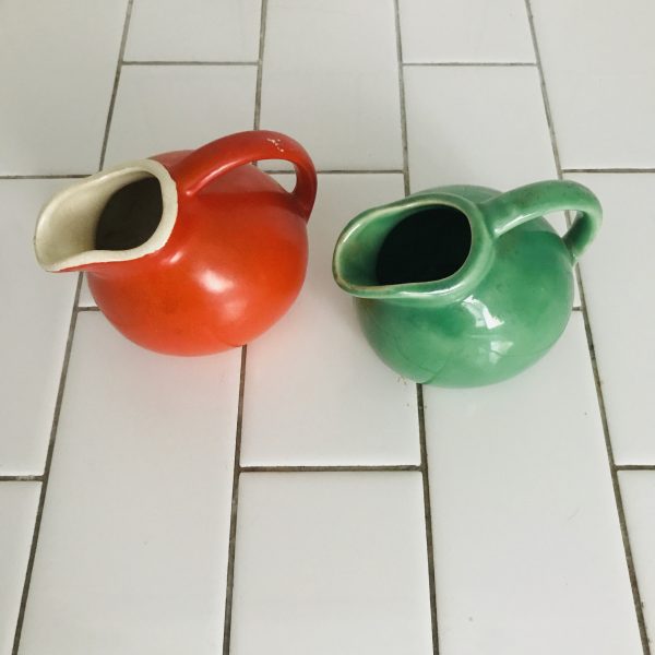 Green & Orange Pitchers Pottery Creamers great Style and Shape farmhouse collectible retro kitchen tilt ball pitcher water iced tea display