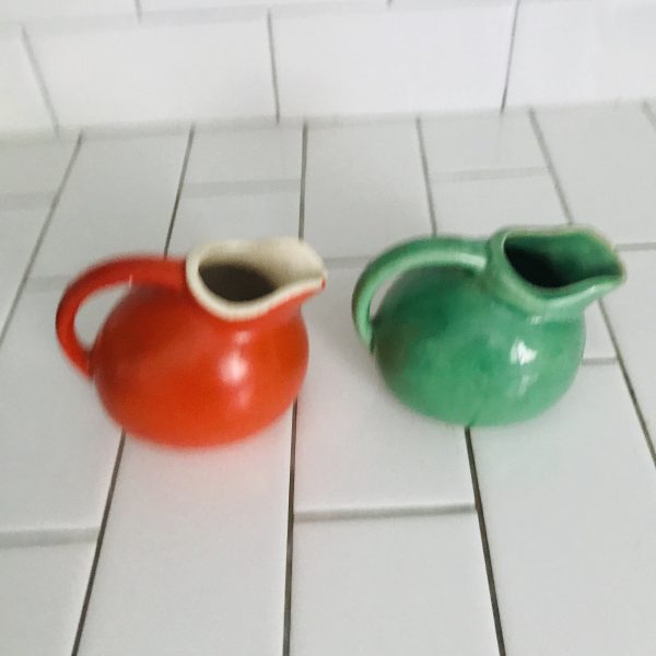 Green & Orange Pitchers Pottery Creamers great Style and Shape farmhouse collectible retro kitchen tilt ball pitcher water iced tea display