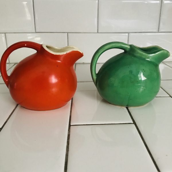 Green & Orange Pitchers Pottery Creamers great Style and Shape farmhouse collectible retro kitchen tilt ball pitcher water iced tea display