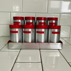 Kromex Spice rack counter rack or wall mount red lids shaker lids inside spun aluminum cans & rack kitchen farmhouse retro display