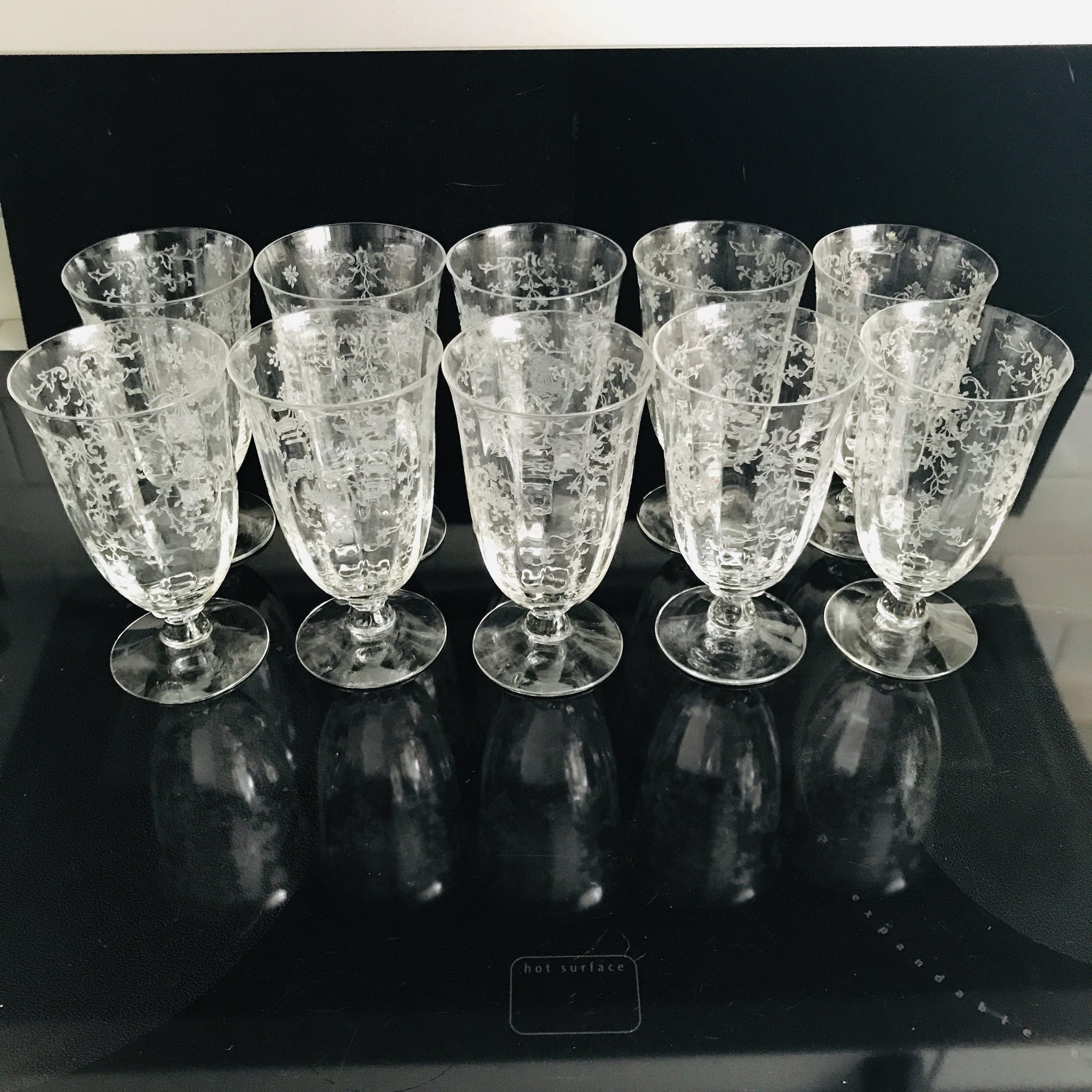 Vintage 10 Water Goblets Fostoria Crystal Navarre Pattern Paneled And Etched With Ornate Short