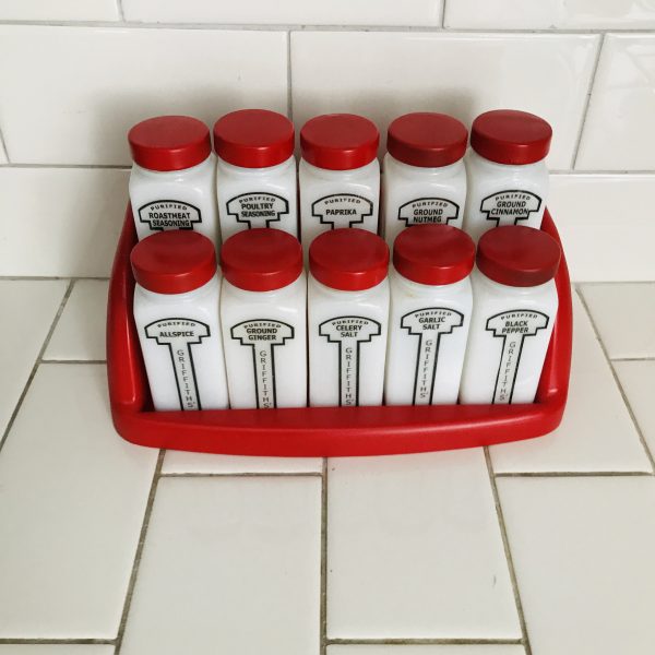Vintage 1950's Milk Glass Spice Jars spices Rack with 10 Griffiith's Apple Red lids & rack farmhouse collectible display retro kitchen