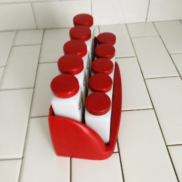 Vintage 1950's Milk Glass Spice Jars spices Rack with 10 Griffiith's Apple Red lids & rack farmhouse collectible display retro kitchen
