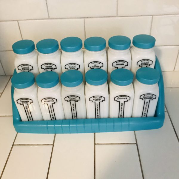 Vintage 1950's Milk Glass Spice Jars spices Rack with 12 Large Griffiith's Aqua blue lids & rack farmhouse collectible display retro kitchen