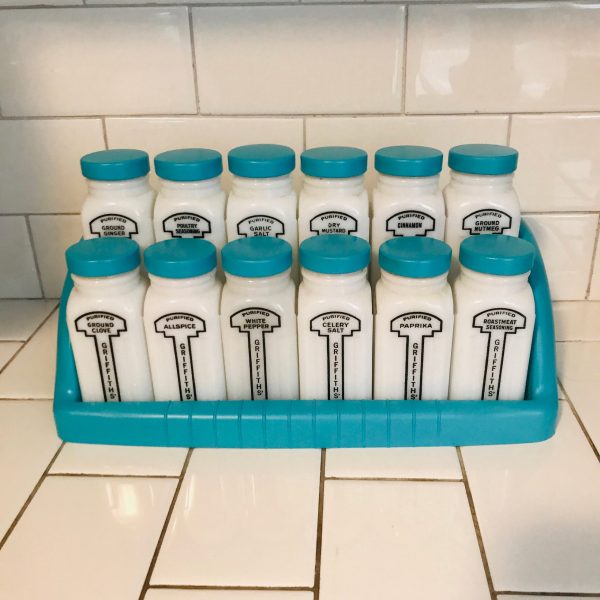 Vintage 1950's Milk Glass Spice Jars spices Rack with 12 Large Griffiith's Aqua blue lids & rack farmhouse collectible display retro kitchen