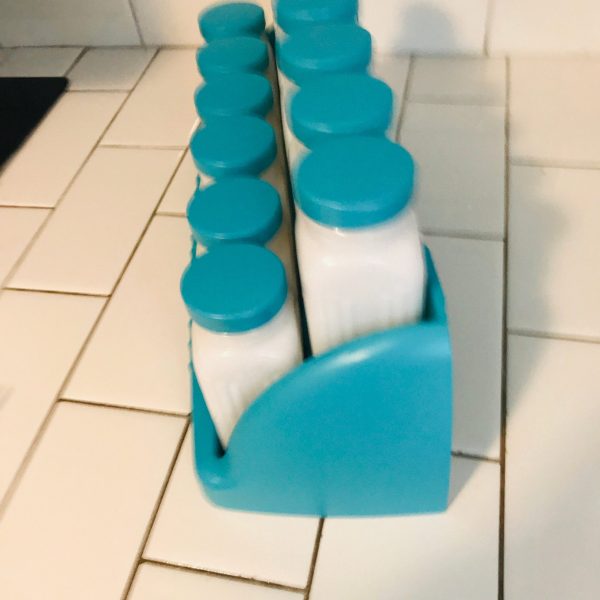 Vintage 1950's Milk Glass Spice Jars spices Rack with 12 Large Griffiith's Aqua blue lids & rack farmhouse collectible display retro kitchen