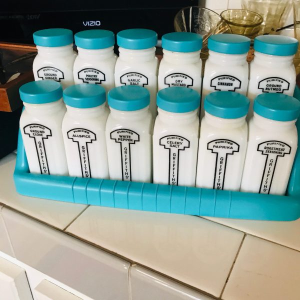 Vintage 1950's Milk Glass Spice Jars spices Rack with 12 Large Griffiith's Aqua blue lids & rack farmhouse collectible display retro kitchen