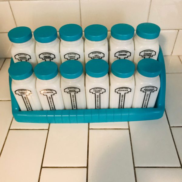 Vintage 1950's Milk Glass Spice Jars spices Rack with 12 Large Griffiith's Aqua blue lids & rack farmhouse collectible display retro kitchen