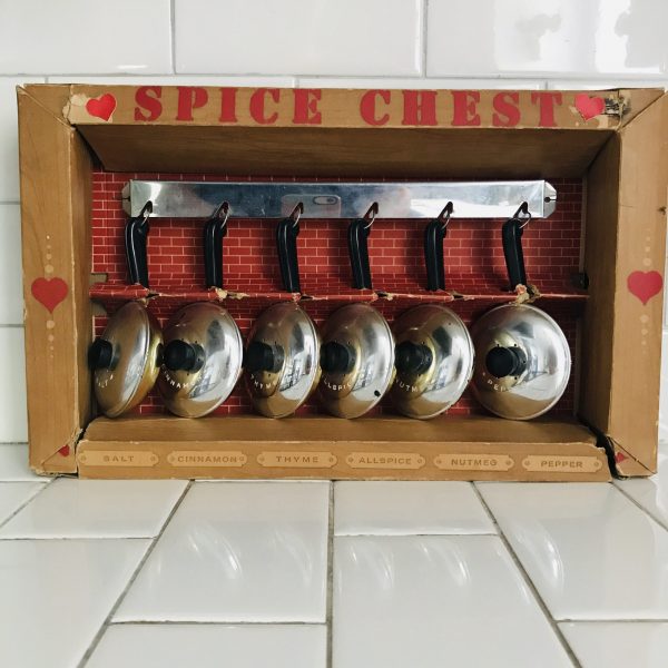 Vintage 1950's Skillet shaped Pots & Pan spice Rack with chrome rack farmhouse collectible display retro kitchen original box new old stock