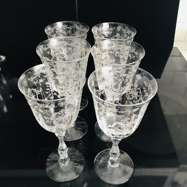 Vintage 6 Claret Tall Wine Glasses Fostoria Crystal Navarre Pattern paneled and etched with ornate stem