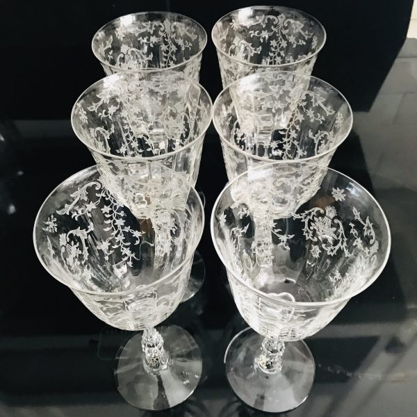 Vintage 6 Claret Tall Wine Glasses Fostoria Crystal Navarre Pattern paneled and etched with ornate stem