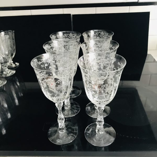 Vintage 6 Claret Tall Wine Glasses Fostoria Crystal Navarre Pattern paneled and etched with ornate stem