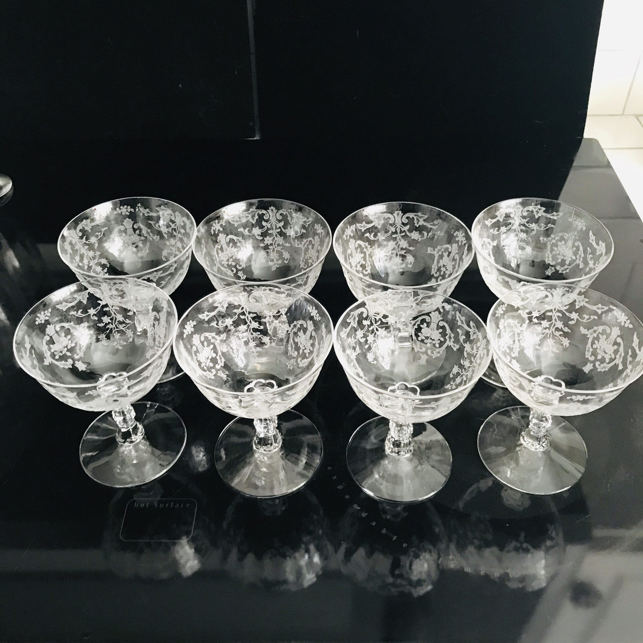 Vintage 8 Claret Wine Glasses Or Shallow Champagne Fostoria Crystal Navarre Pattern Paneled And