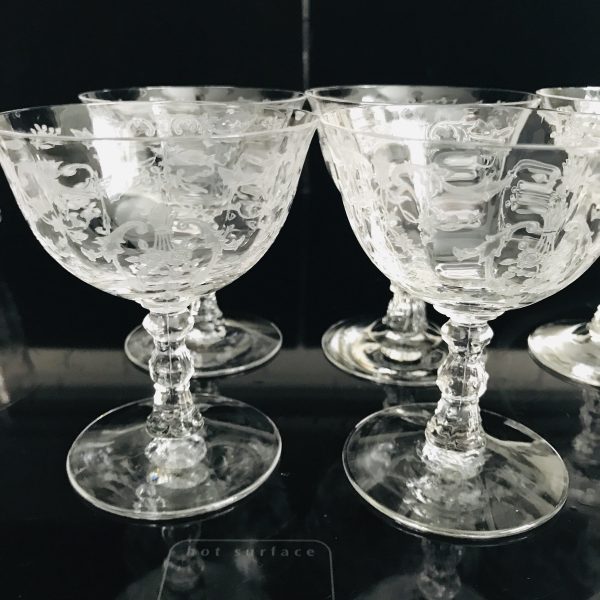 Vintage 8 Claret Wine Glasses or shallow champagne Fostoria Crystal Navarre Pattern paneled and etched with ornate stem