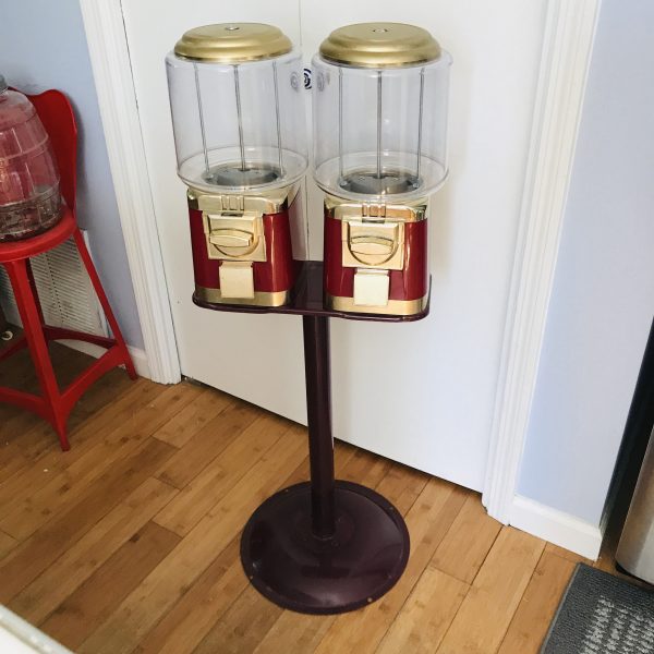 Vintage Burgundy & Gold Metal Classic Double Head Candy Gumball Machine Metal Stand collectible storage man cave game room marbles buttons