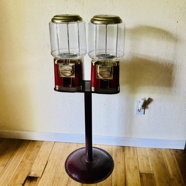 Vintage Burgundy & Gold Metal Classic Double Head Candy Gumball Machine Metal Stand collectible storage man cave game room marbles buttons