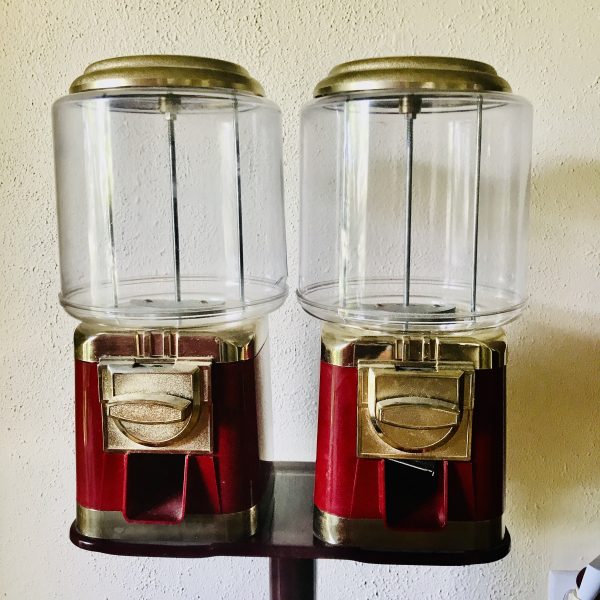 Vintage Burgundy & Gold Metal Classic Double Head Candy Gumball Machine Metal Stand collectible storage man cave game room marbles buttons