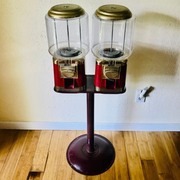 Vintage Burgundy & Gold Metal Classic Double Head Candy Gumball Machine Metal Stand collectible storage man cave game room marbles buttons