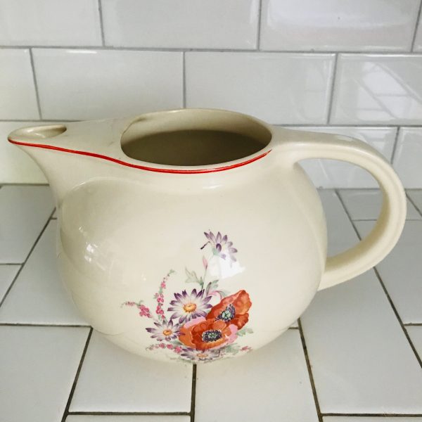 Vintage Pitcher Universal Cambridge Poppy Pattern Pottery farmhouse collectible retro kitchen water iced tea display red trim