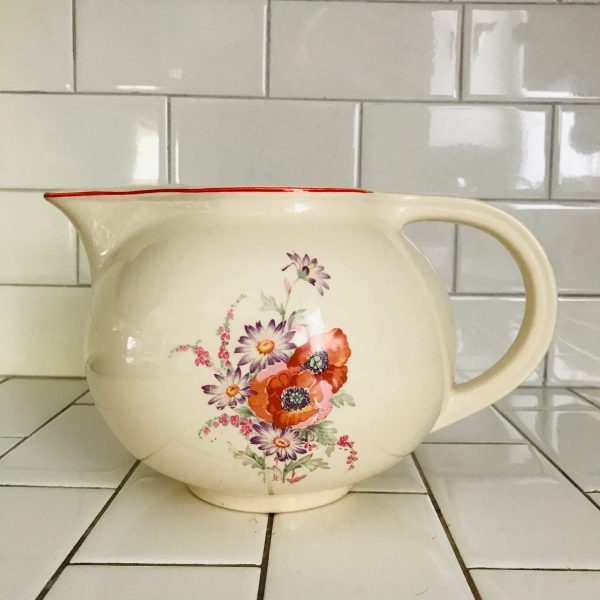 Vintage Pitcher Universal Cambridge Poppy Pattern Pottery farmhouse collectible retro kitchen water iced tea display red trim