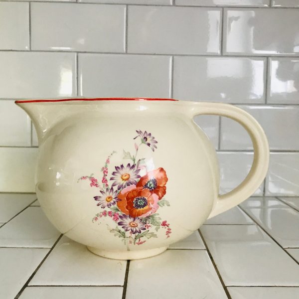 Vintage Pitcher Universal Cambridge Poppy Pattern Pottery farmhouse collectible retro kitchen water iced tea display red trim