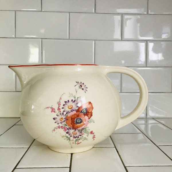 Vintage Pitcher Universal Cambridge Poppy Pattern Pottery farmhouse collectible retro kitchen water iced tea display red trim