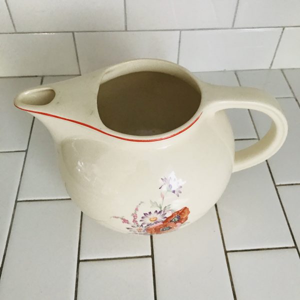 Vintage Pitcher Universal Cambridge Poppy Pattern Pottery farmhouse collectible retro kitchen water iced tea display red trim