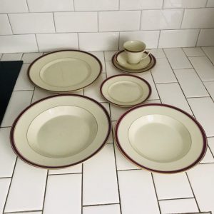 Vintage Place Setting 7 Pieces Royal Copenhagen 1191 Denmark Fine bone china Burgundy trim Tea cup saucer salad dinner bread bowls plates