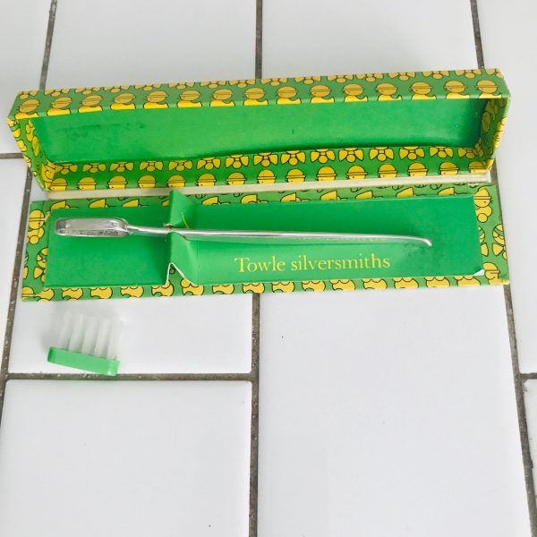 Vintage Sterling silver baby toothbrush Towle Silversmith in original box 1950's new old stock green brush base