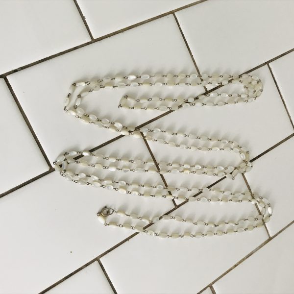 Vintage Beautiful Mother of Pearl Extreme Length 88" long silver tone metal between beads silver tone clasp