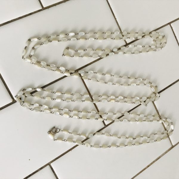 Vintage Beautiful Mother of Pearl Extreme Length 88" long silver tone metal between beads silver tone clasp