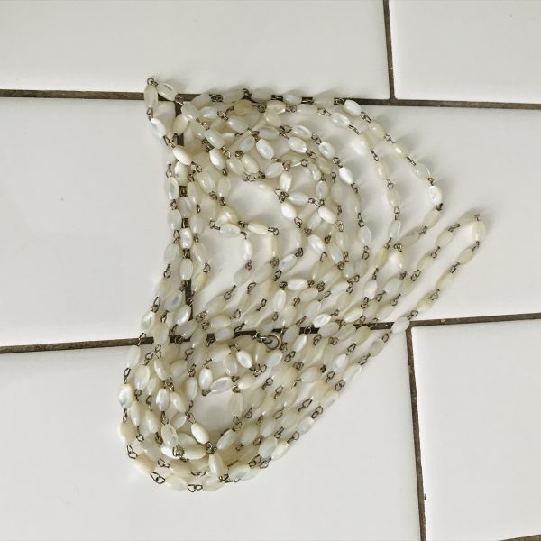 Vintage Beautiful Mother of Pearl Extreme Length 88" long silver tone metal between beads silver tone clasp