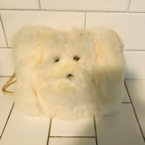 Vintage Child's hand muff with Scottie Dog face rabbit fur collectible display mid century hand warmer