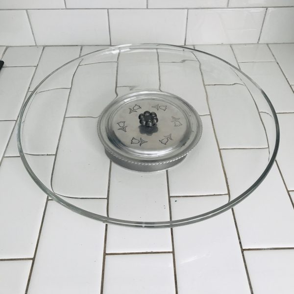 Vintage Glass lazy susan large platter tray with small lip pewter center spinning serving dining collectible display glass