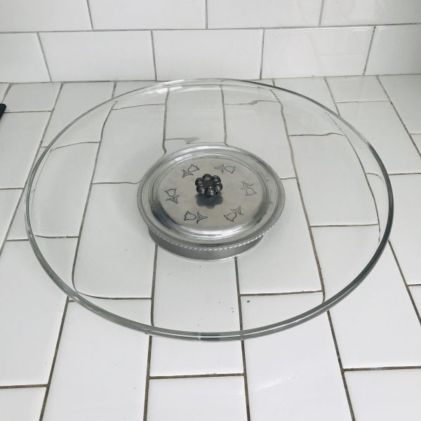 Vintage Glass lazy susan large platter tray with small lip pewter center spinning serving dining collectible display glass