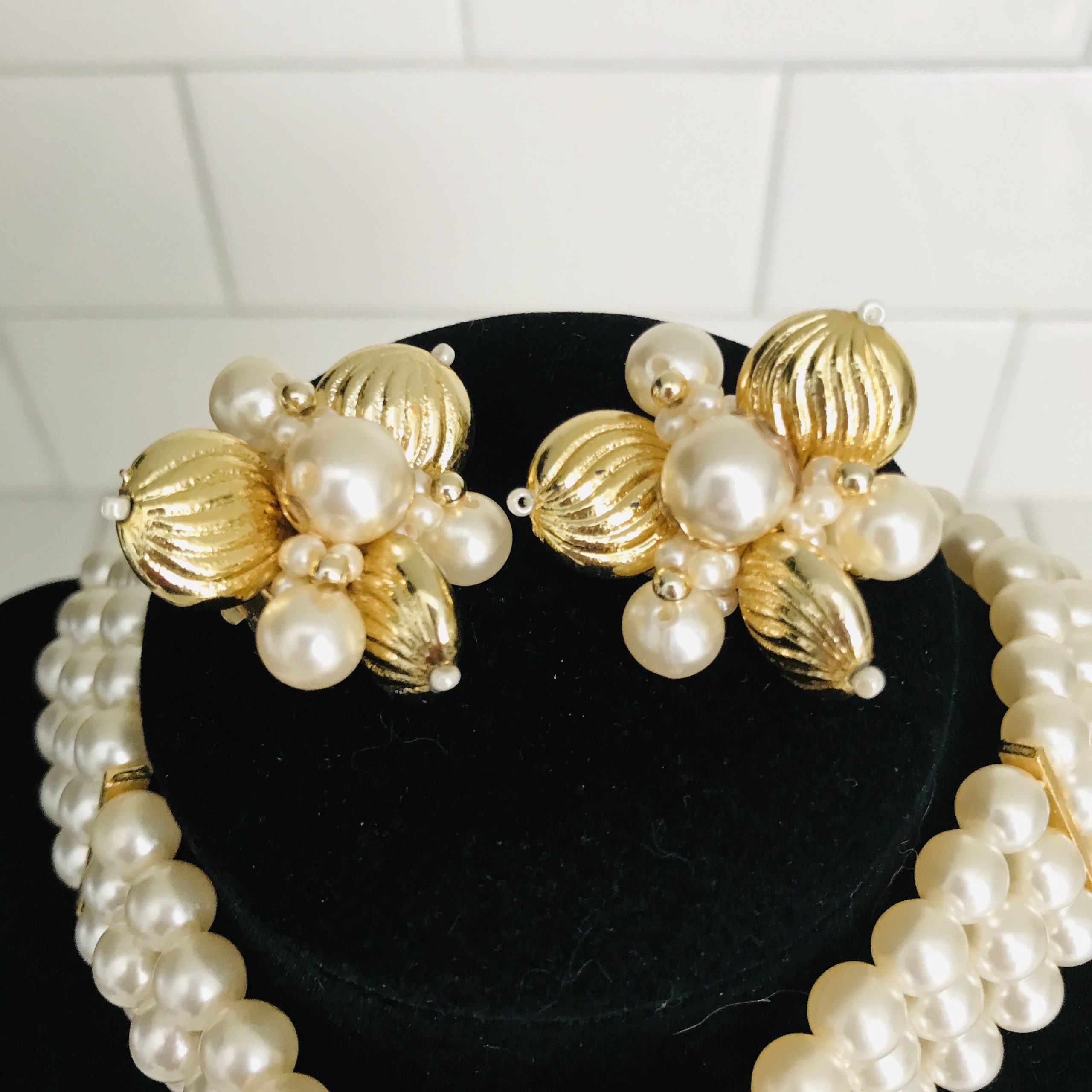 Vintage Faux Pearls Necklace and Earrings (item #1428423)